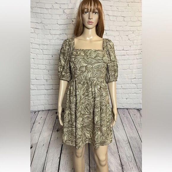 House of Harlow Mini Brown Dress Print Linen Puff Sleeve Babydoll Size S - Picture 5 of 11
